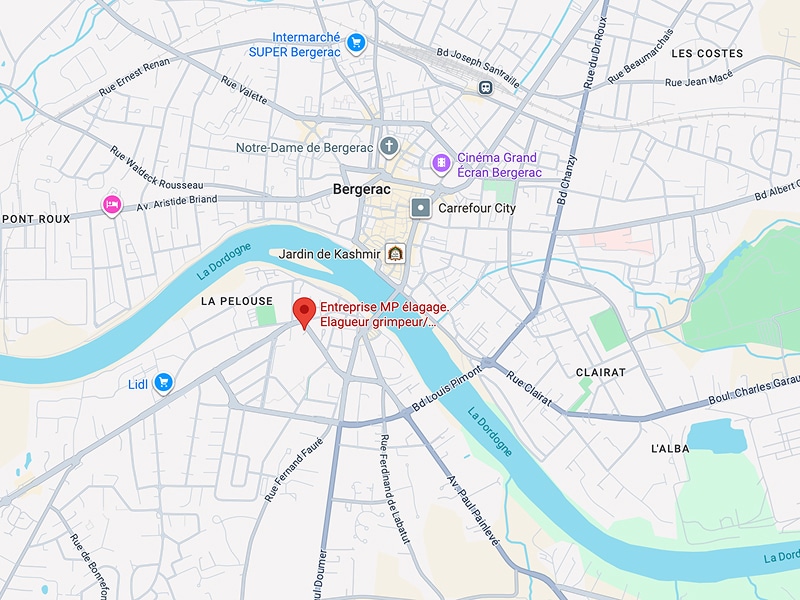 Carte de Bergerac localisant l'Entreprise MP élagage, élagueur grimpeur, près de La Dordogne et La Pelouse.