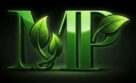 Les lettres 3D M et P, vert émeraude et brillantes, forment un logo nature. Des feuilles avec gouttes d'eau remplacent des éléments de la typo.
