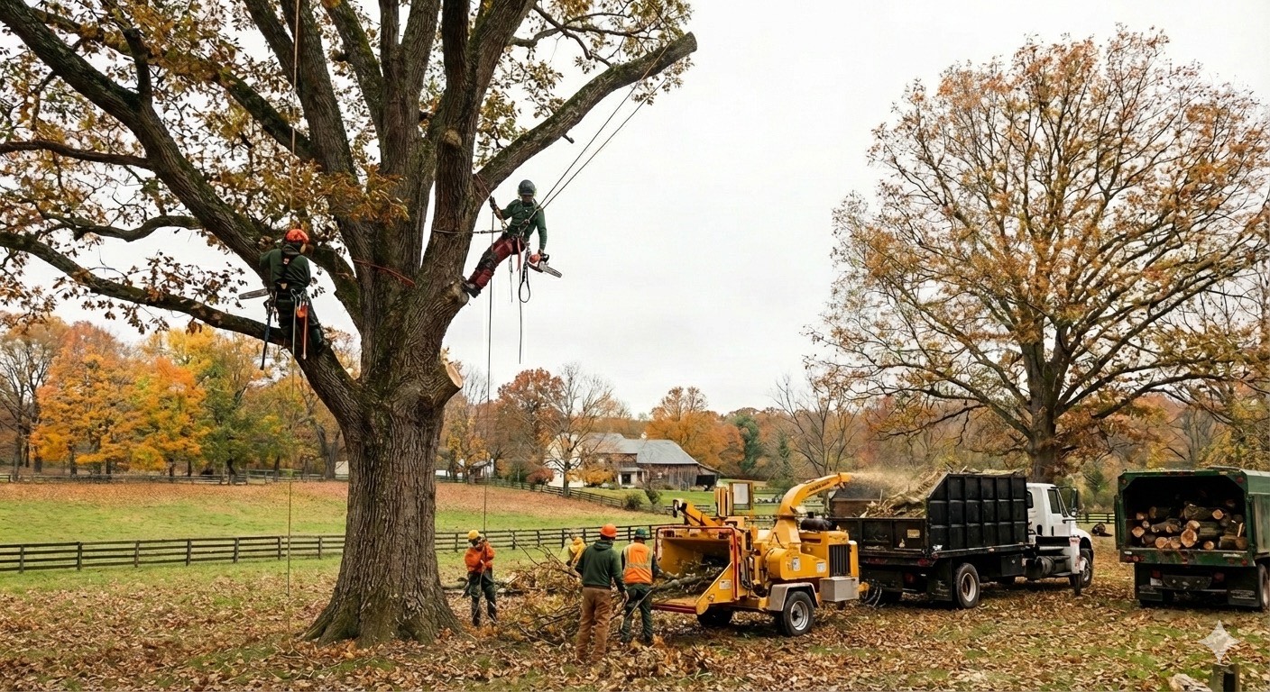 Élagueurs professionnels dans un grand chêne à l'automne. Deux ouvriers coupent des branches; l'équipe au sol utilise une déchiqueteuse à bois.